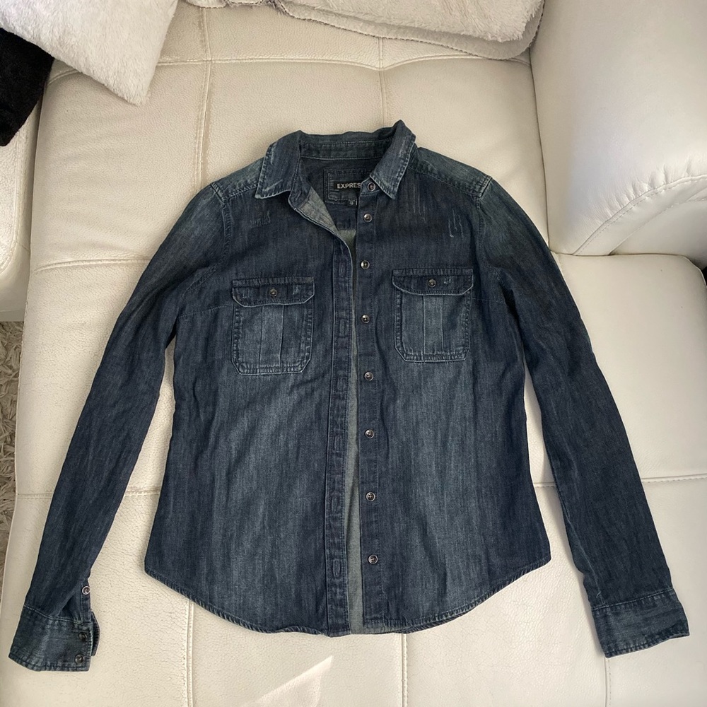 Distressed medium wash denim shirt